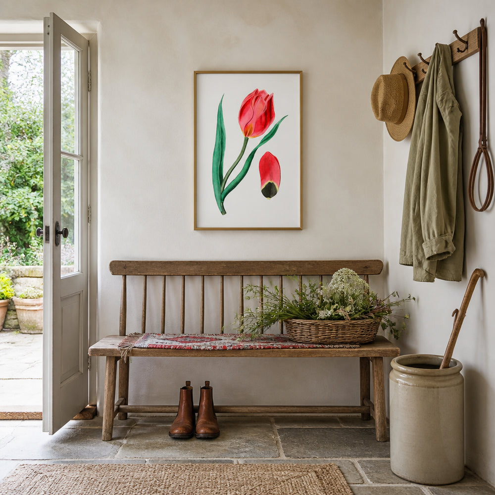 Room mockup featuring Crimson Whisper Vintage Tulip Art Print