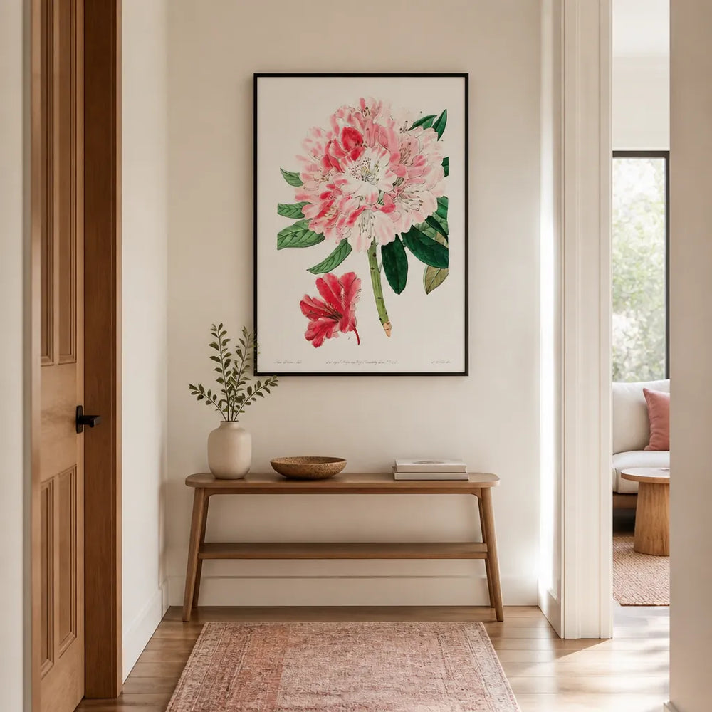 Room mockup featuring Blushing Rhododendron Vintage Floral Art Print
