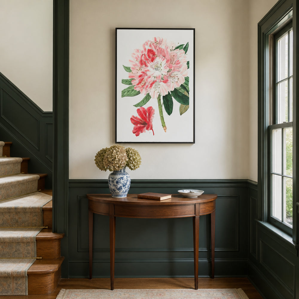 Room mockup featuring Blushing Rhododendron Vintage Floral Art Print