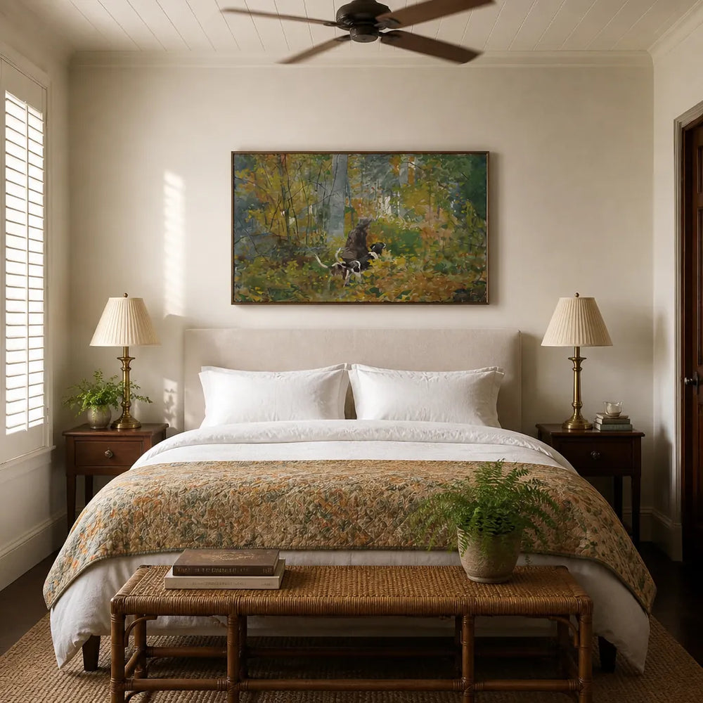 Room mockup featuring On The Trail by Winslow Homer Art Print
