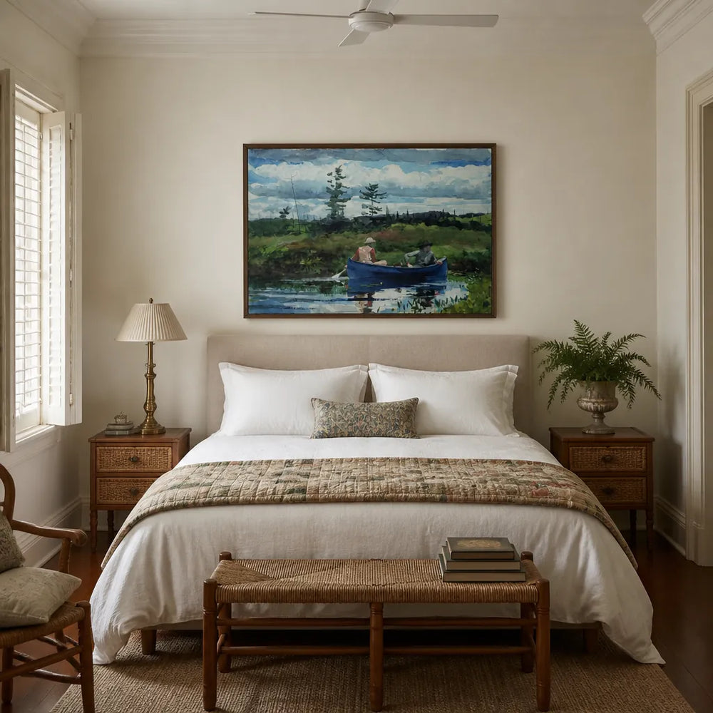 Room mockup featuring Blue Boat by Winslow Homer Vintage Landscape Art Print
