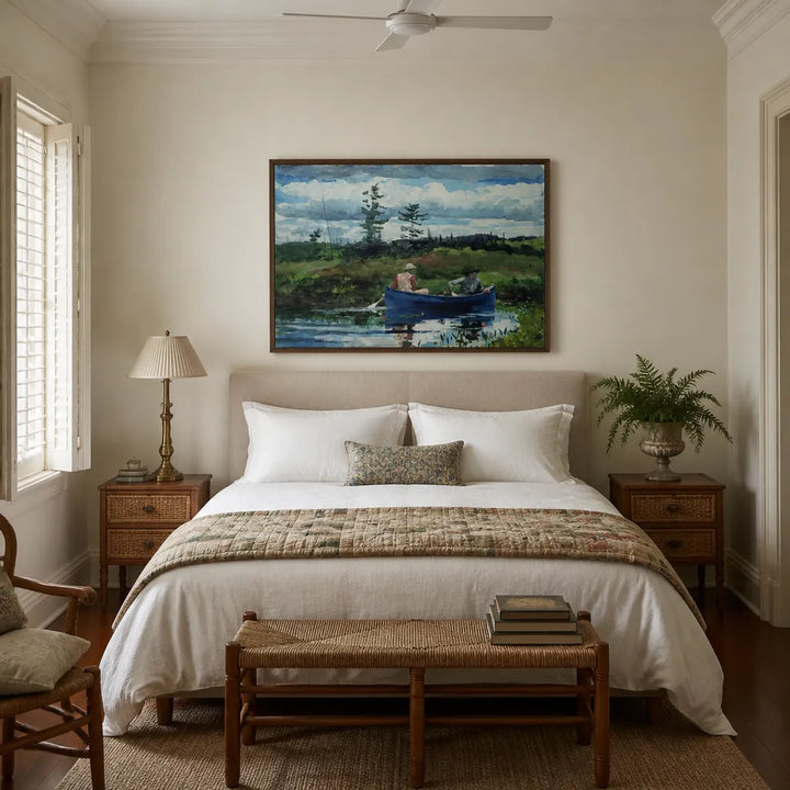 Room mockup featuring Blue Boat by Winslow Homer Vintage Landscape Art Print