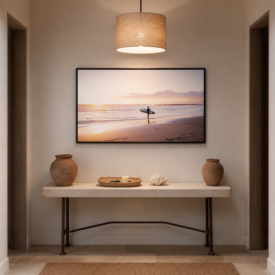 Serene Surfer Sunset Print in a room setting
