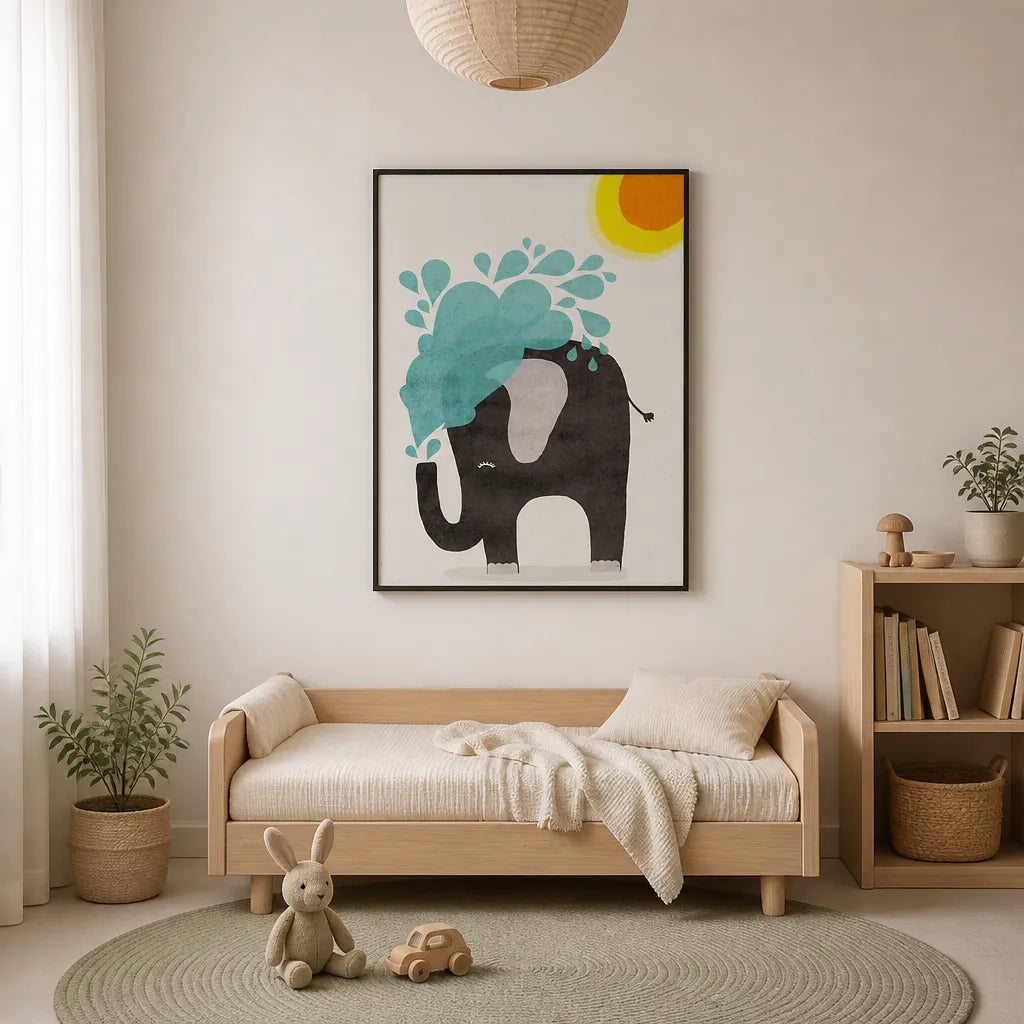 Room mockup featuring Funny elephant by Treechild Print