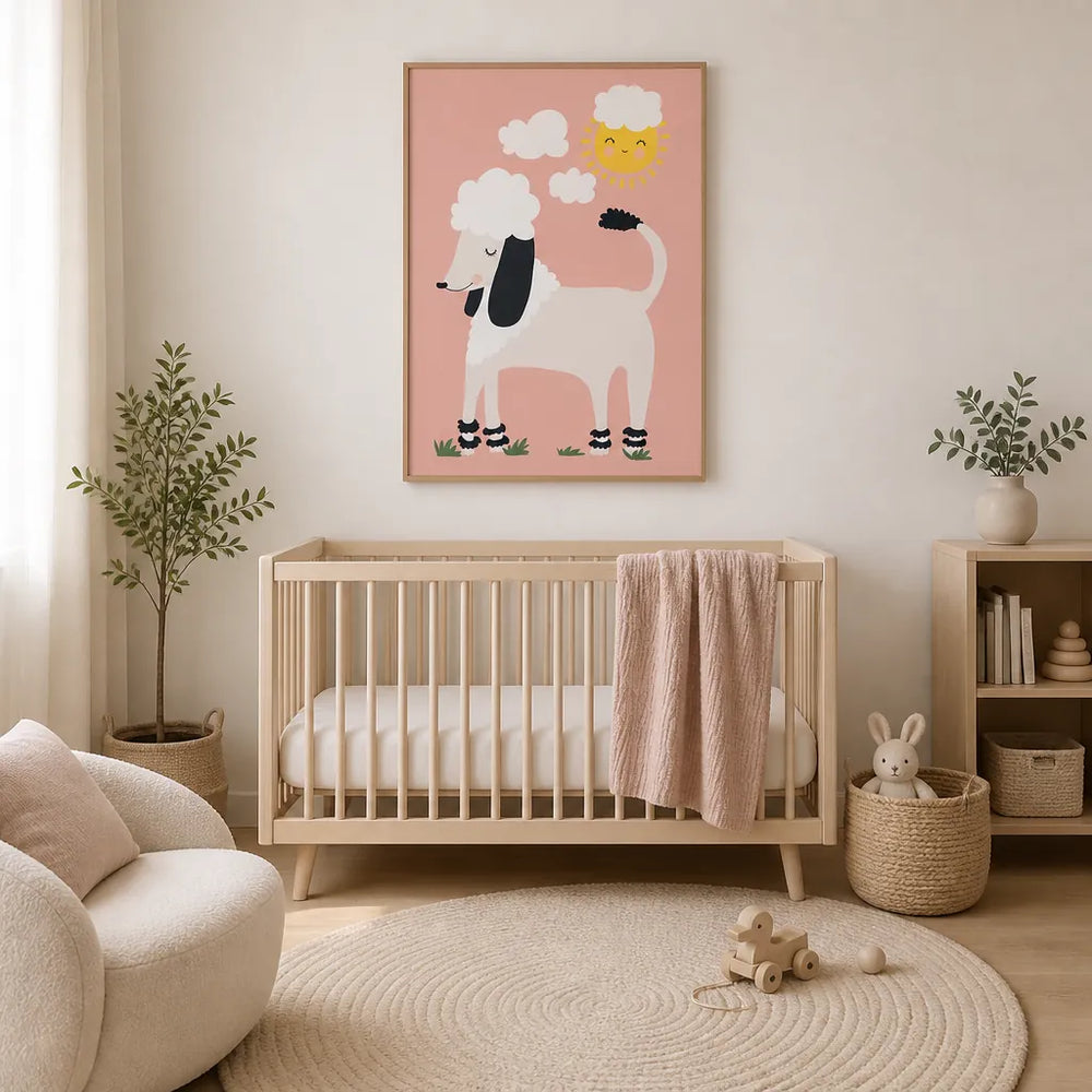 Room mockup featuring Sunlit Poodle Whimsy Print
