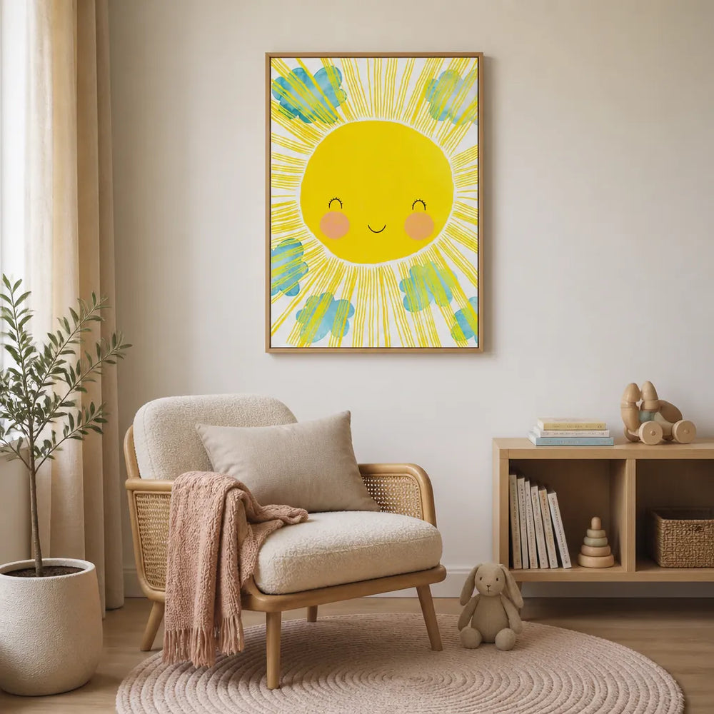 Room mockup featuring Beaming Sunshine and Clouds Children's Print