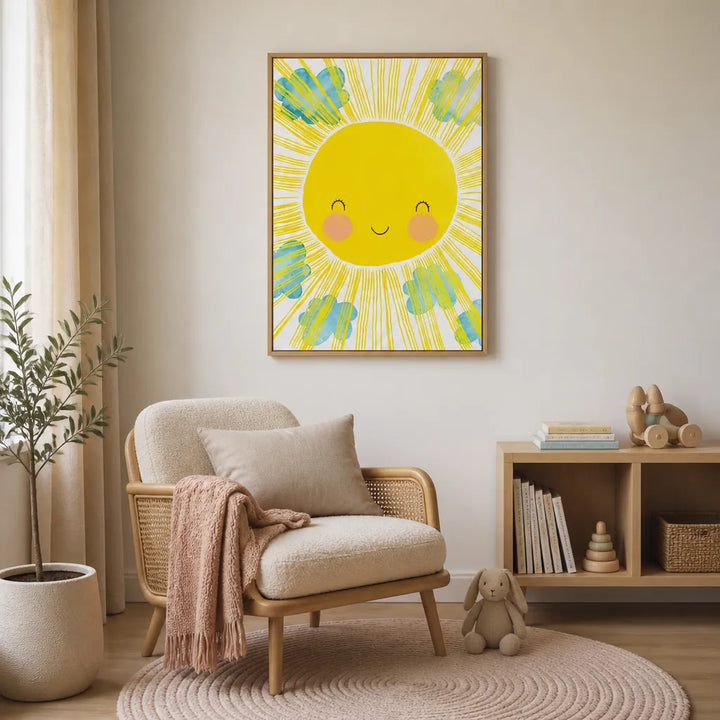 Room mockup featuring Beaming Sunshine and Clouds Children's Print