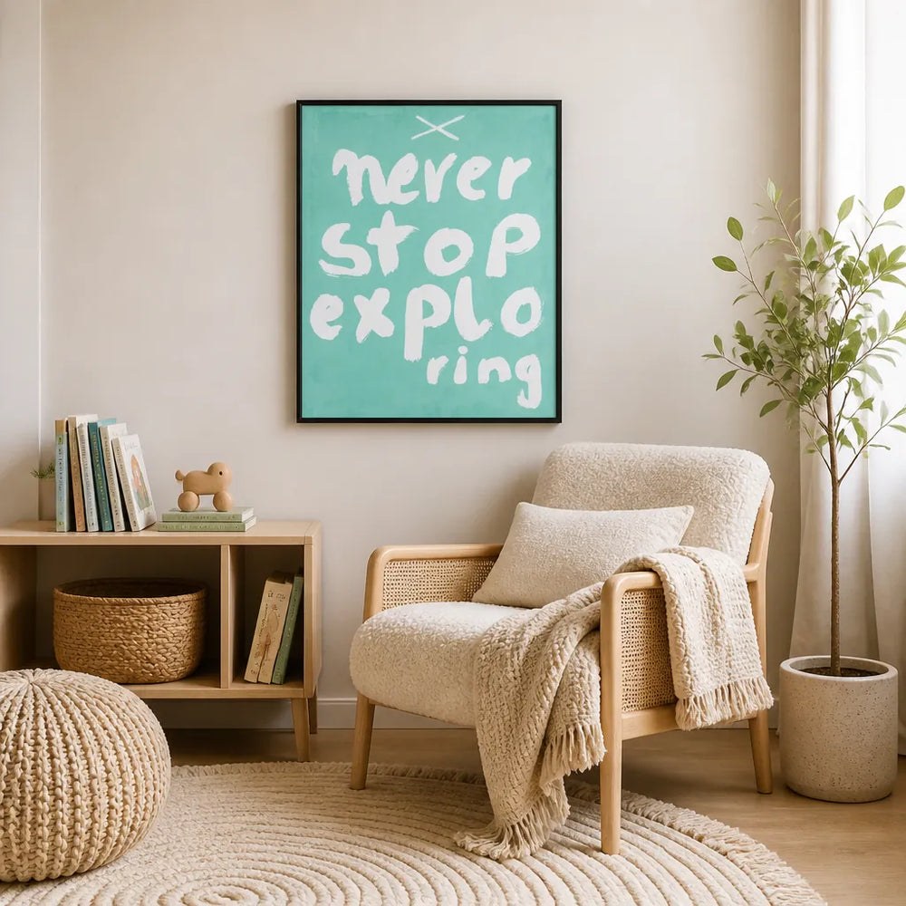Room mockup featuring Never Stop Exploring by Treechild Print