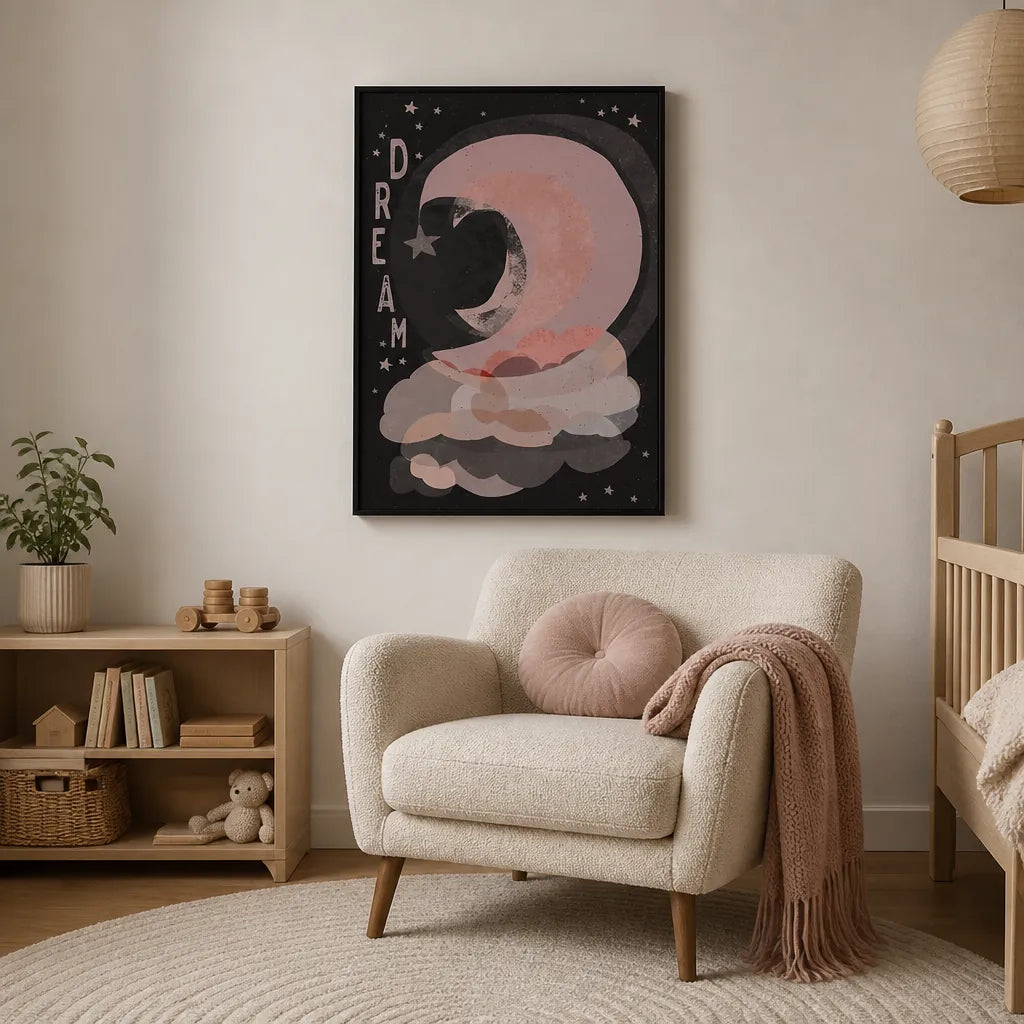 Room mockup featuring Dream (Dark Version) by Treechild Children's Art Print
