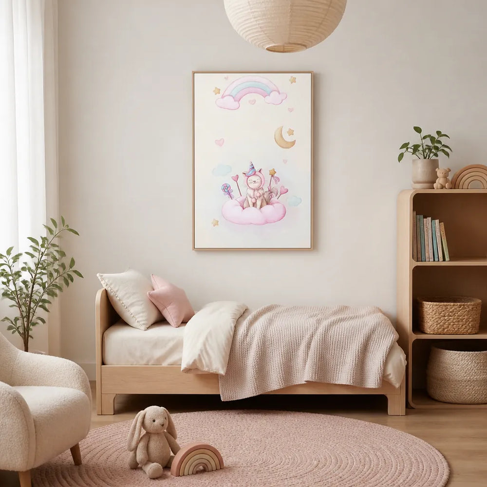 Room mockup featuring Whimsical Unicorn Cat Print