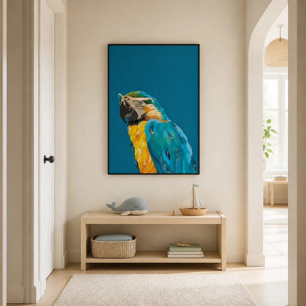 Room mockup featuring Scholarly Macaw in Spectacles Print