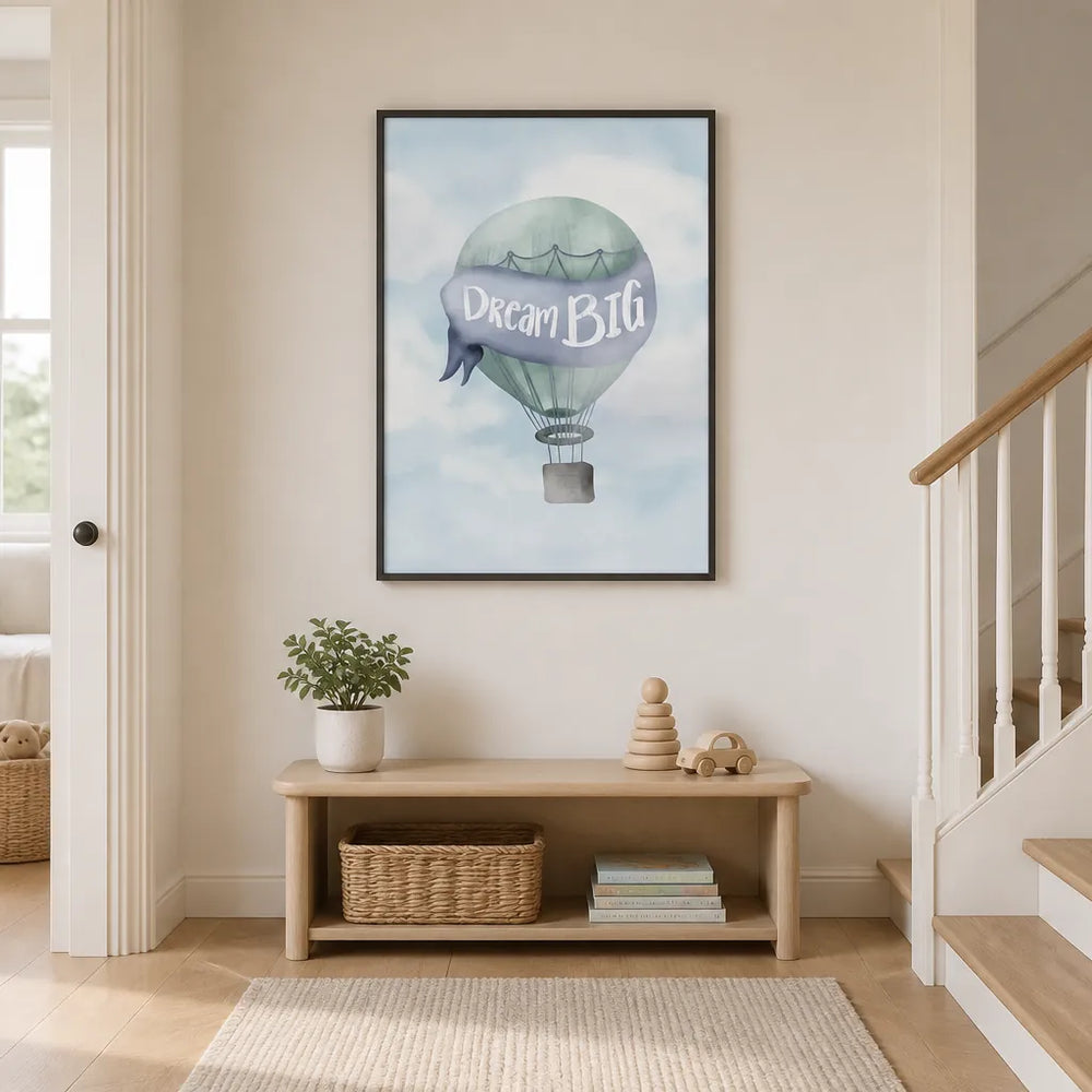 Room mockup featuring Dream Big Blue by Aminah Eleonora Children's Art Print