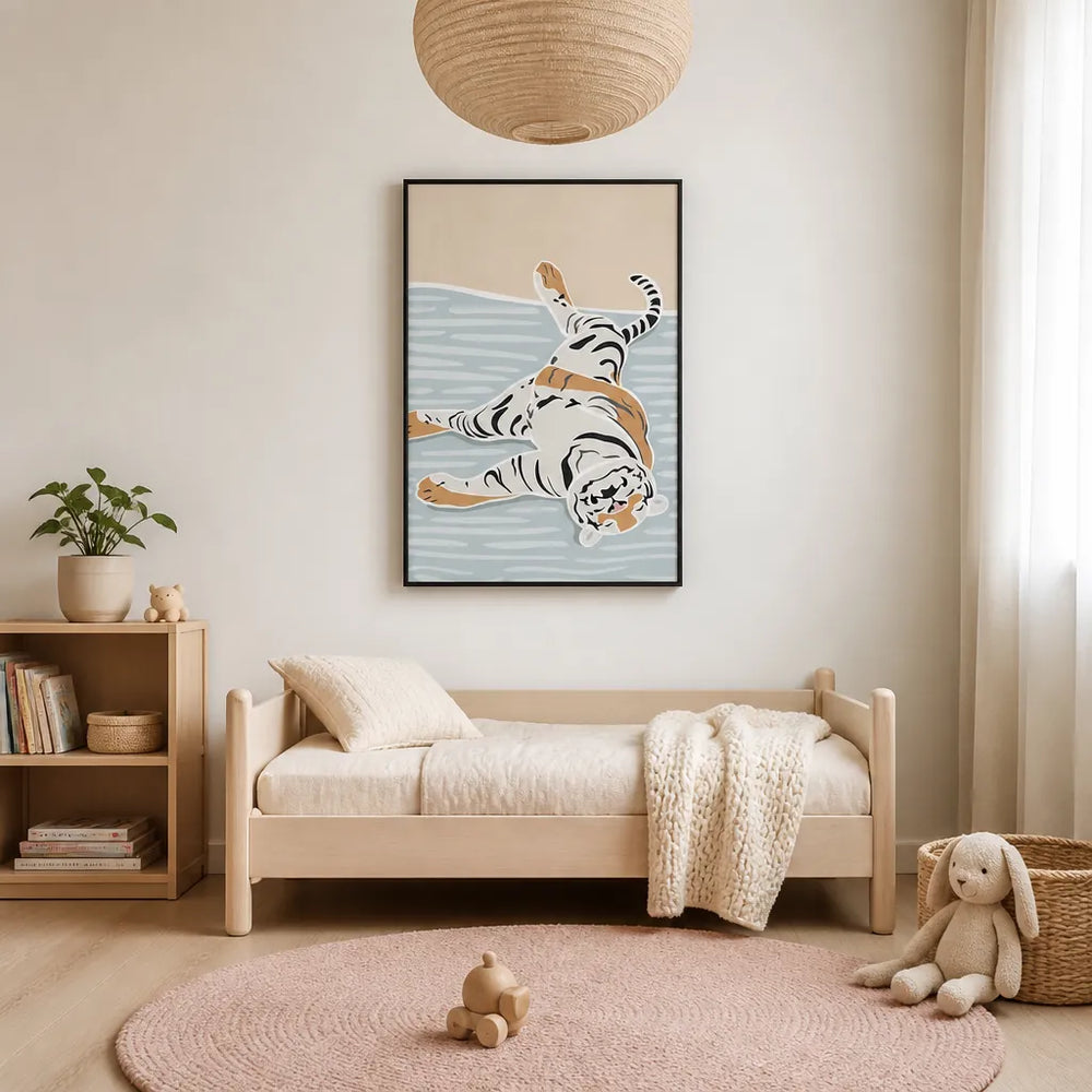 Room mockup featuring Scandi Sleeping Tiger Children's Art Print