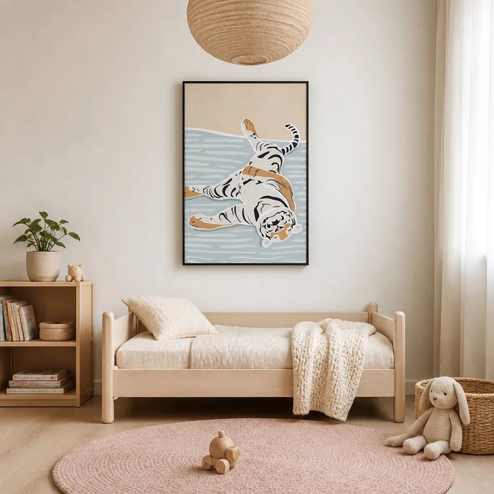 Room mockup featuring Scandi Sleeping Tiger Children's Art Print