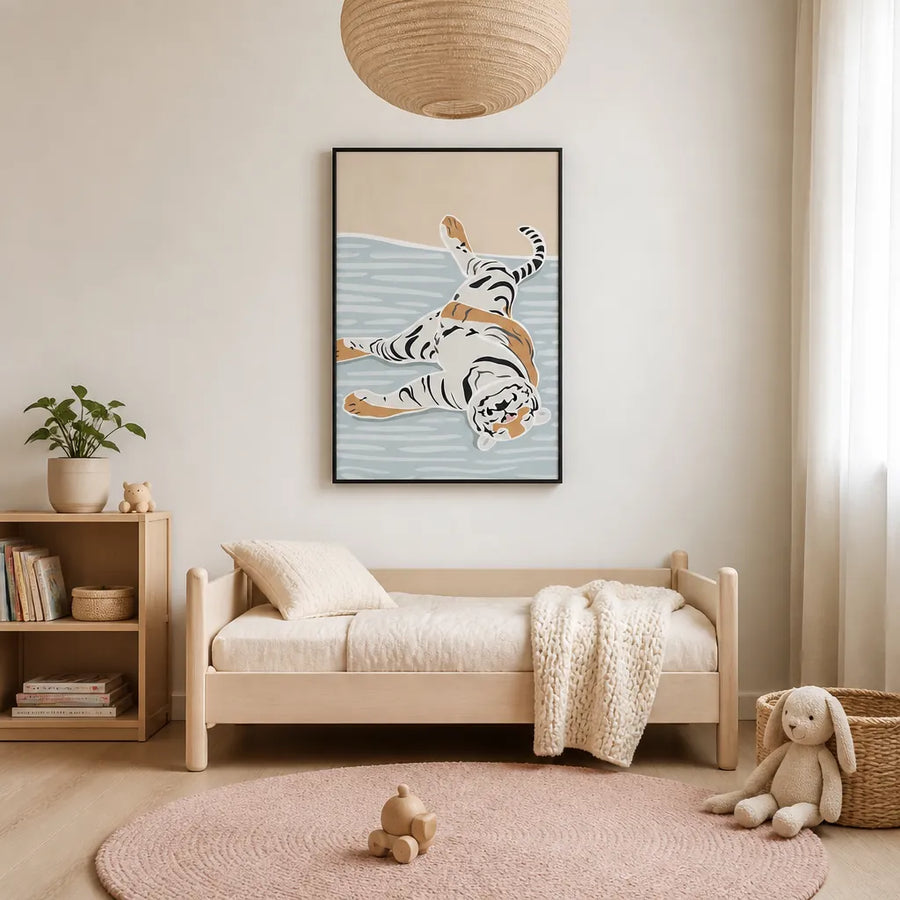 Scandi Sleeping Tiger Children's Art Print in a room setting