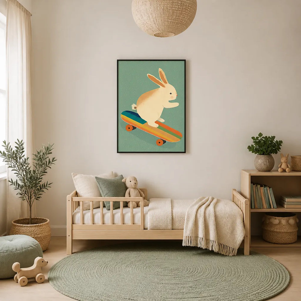 Room mockup featuring Bunny On Skateboard by Treechild Print