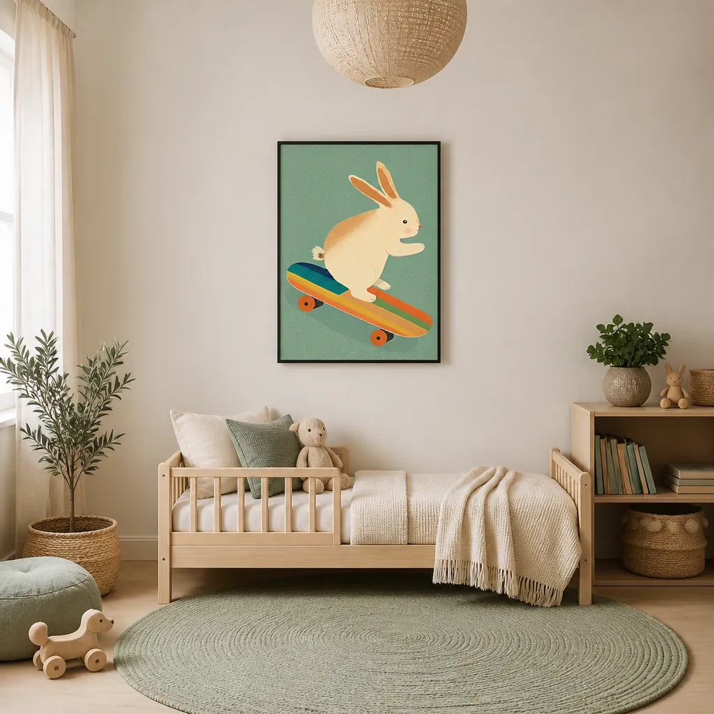 Room mockup featuring Bunny On Skateboard by Treechild Print