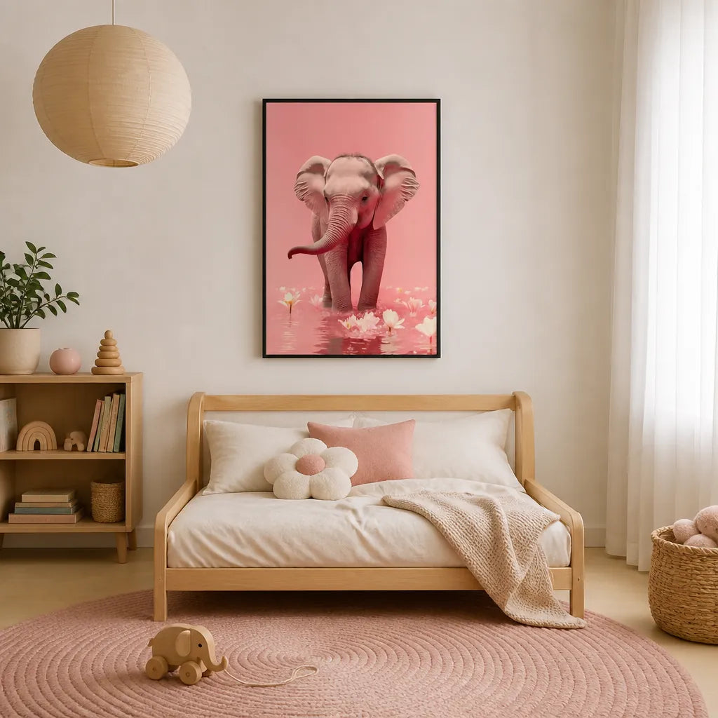 Room mockup featuring Blushing Elephant Children's Art Print
