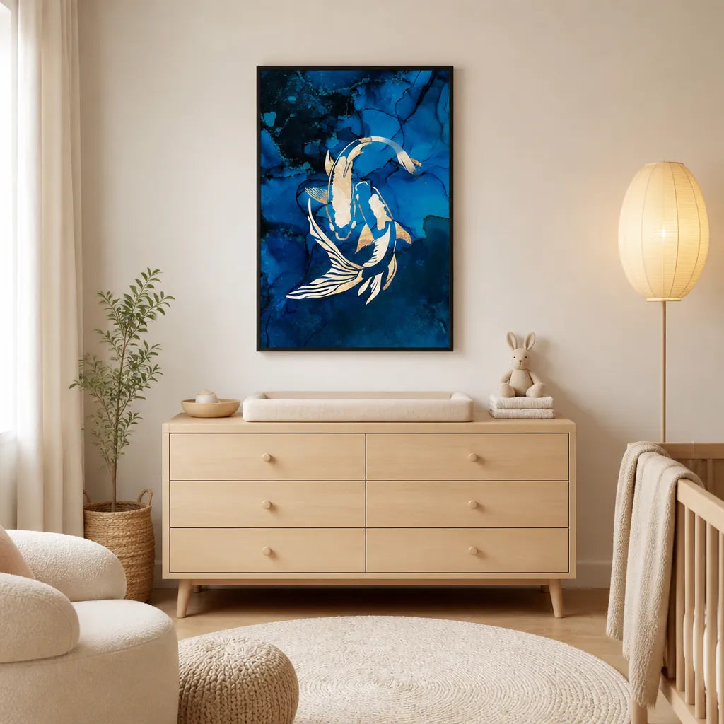 Room mockup featuring Gold Koi Swimming Print