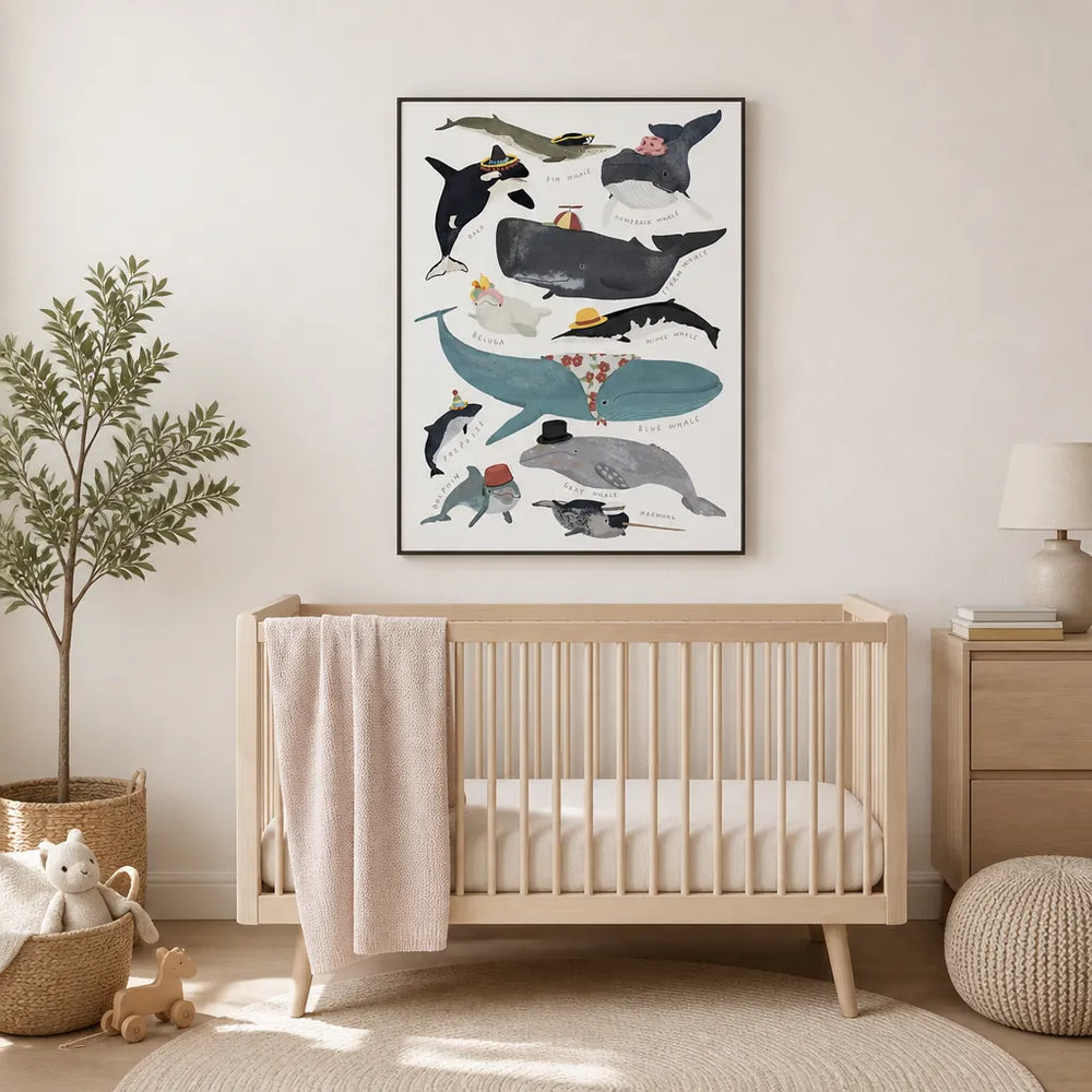 Room mockup featuring Whales In Hats by Hanna Melin Print