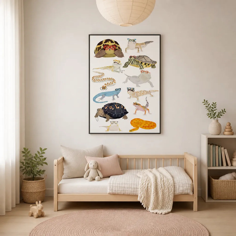 Room mockup featuring Whimsical Reptiles in Spectacles Print