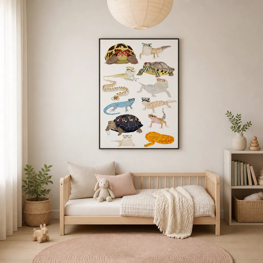 Whimsical Reptiles in Spectacles Print shown in a styled room
