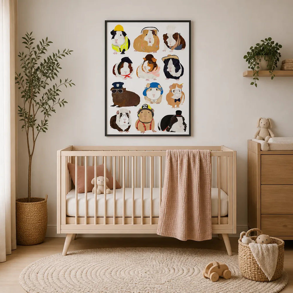 Room mockup featuring Guinea Pig Working Hr by Hanna Melin Print