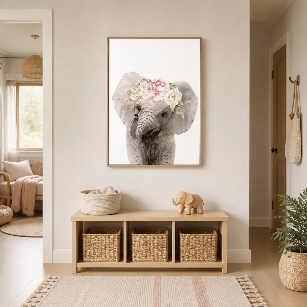 Room mockup featuring Floral Baby Elephant by Lola Peacock Print