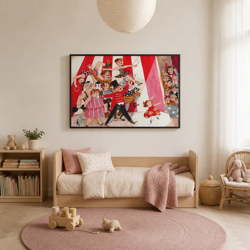 Room mockup featuring Circus in the city by Caroline Bonne Müller Children's Art Print