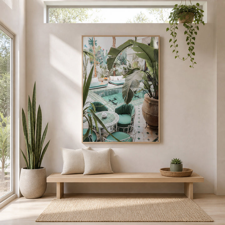 Room mockup featuring Verdant Serenity Courtyard Print
