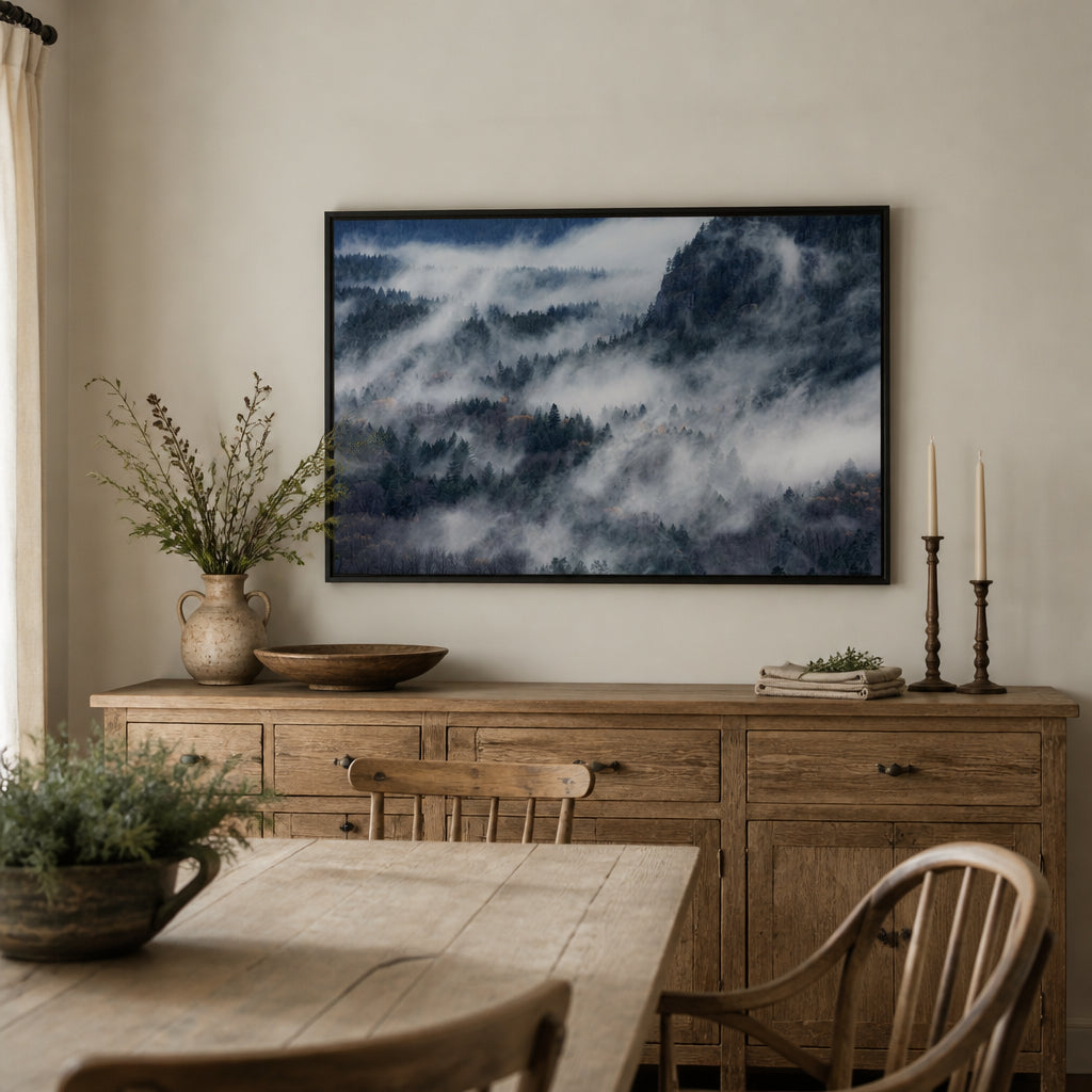 Room mockup featuring Misty Mountain Solitude Print