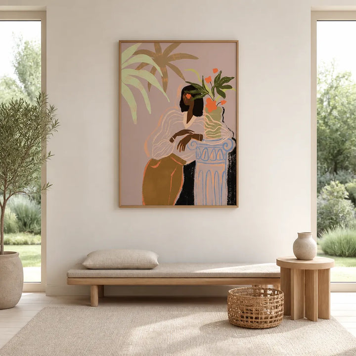 Room mockup featuring Elegant Contemplation Woman With Potted Oranges Art Print