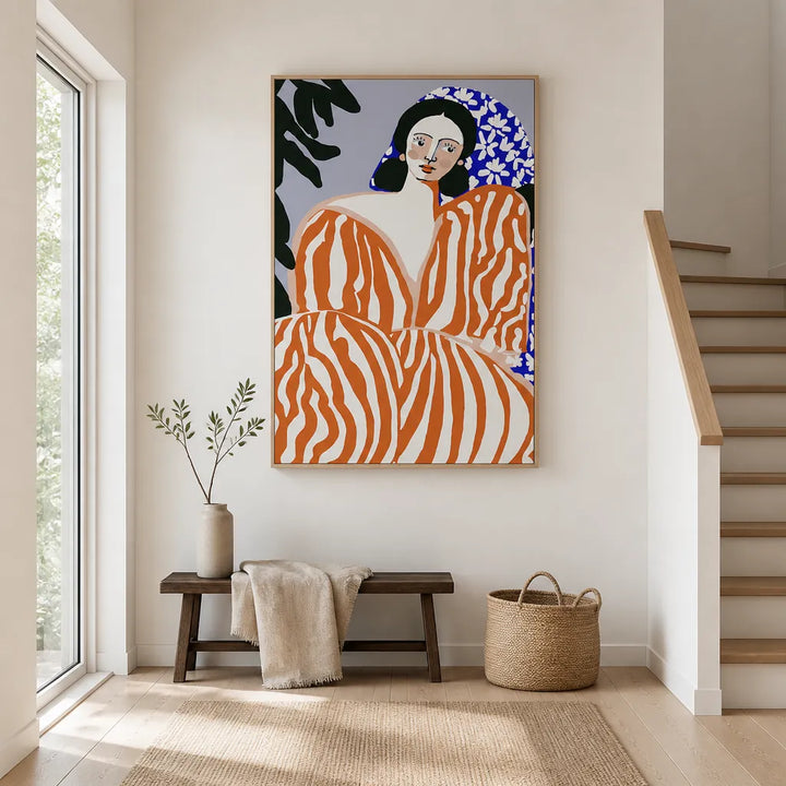 Room mockup featuring Elegant Contemplation Woman In Orange Zebra Stripes Art Print