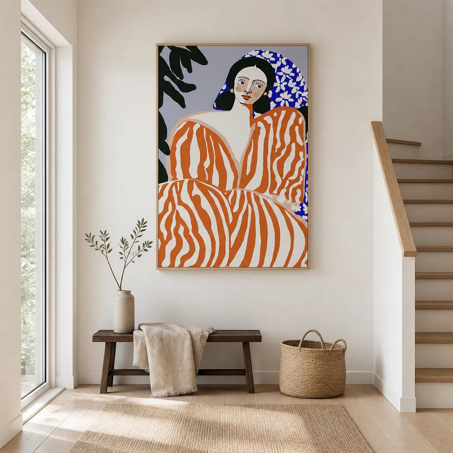 Elegant Contemplation Woman In Orange Zebra Stripes Art Print in a room setting