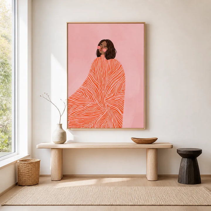 Room mockup featuring The Woman With the Swirls by Bea Muller Art Print