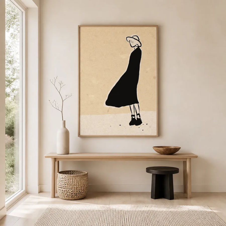 Elegant Contemplation Woman In Wide-Brimmed Hat Art Print in a room setting