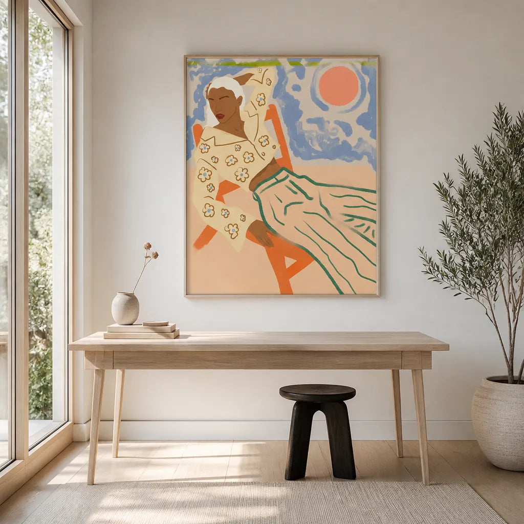 Sunbathing Serenity Art Print shown in a styled room