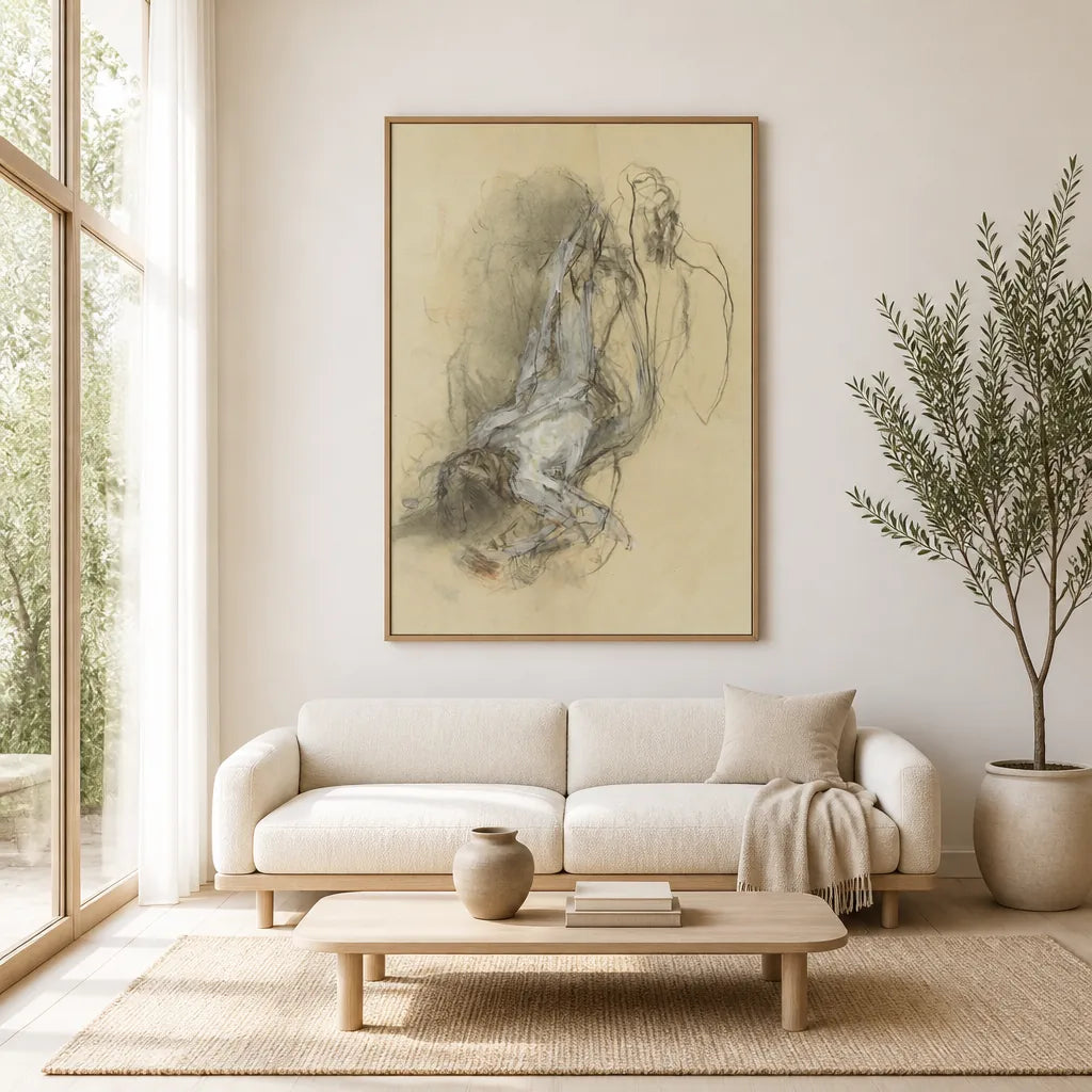Room mockup featuring Ethereal Grace Contemporary Feminine Wall Reclining Figure In Repose Art Print