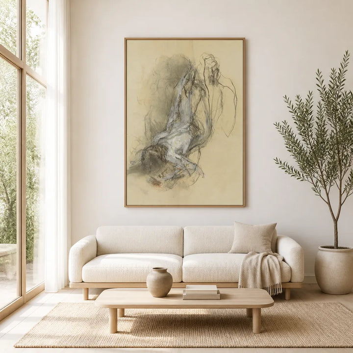Room mockup featuring Ethereal Grace Contemporary Feminine Wall Reclining Figure In Repose Art Print