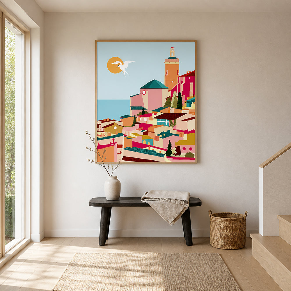 Room mockup featuring Crimson Rouge Mediterranean Art Print