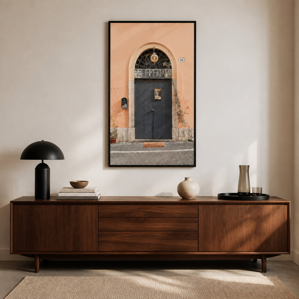 The Libreria Door Mediterranean Art Print shown in a styled room