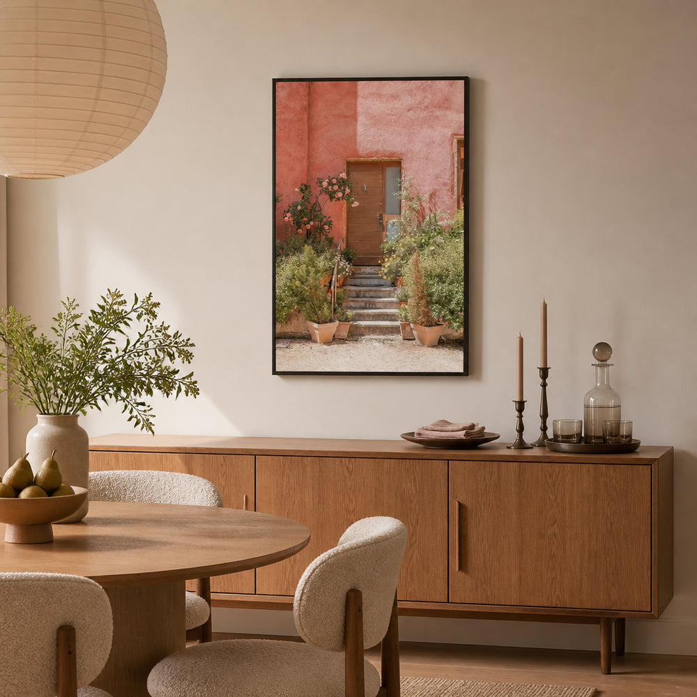 Room mockup featuring The Pink House Mediterranean Art Print