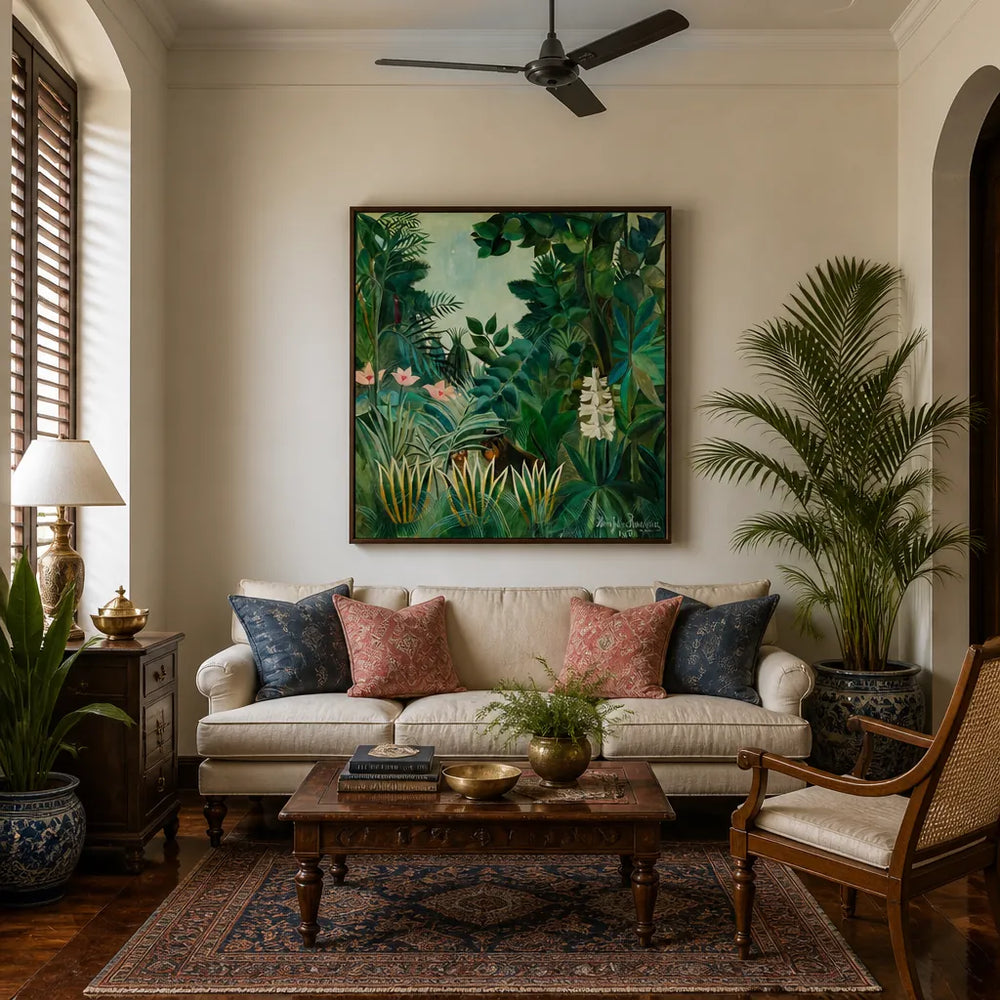 Room mockup featuring "Enchanted Jungle Serenity" By Henri Rousseau Art Print