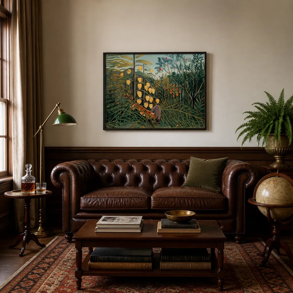 Room mockup featuring "Whispering Nature's Secrets" by Henri Rousseau Art Print