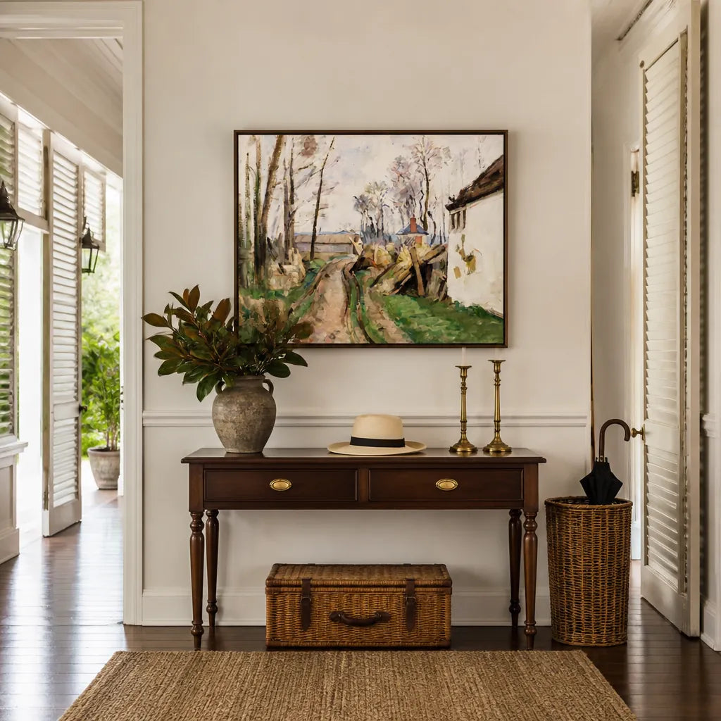 Room mockup featuring "Rustic Pathway to Spring" Vintage Landscape Art Print