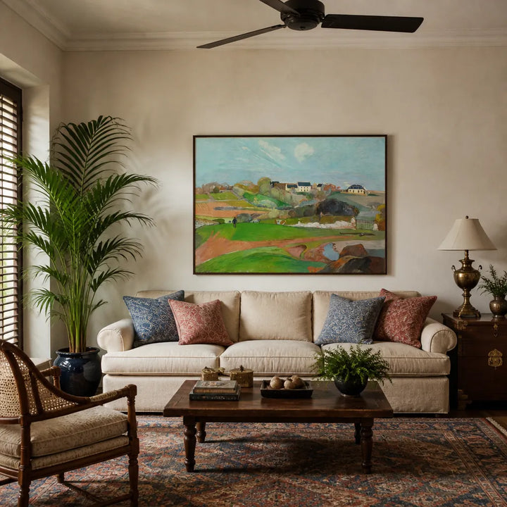 Room mockup featuring Landscape at Le Pouldu Art Print By Paul Gauguin