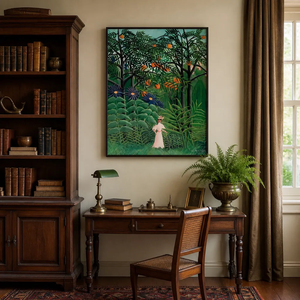 Room mockup featuring Woman Walking in an Exotic Forest by Henri Rousseau Art Print