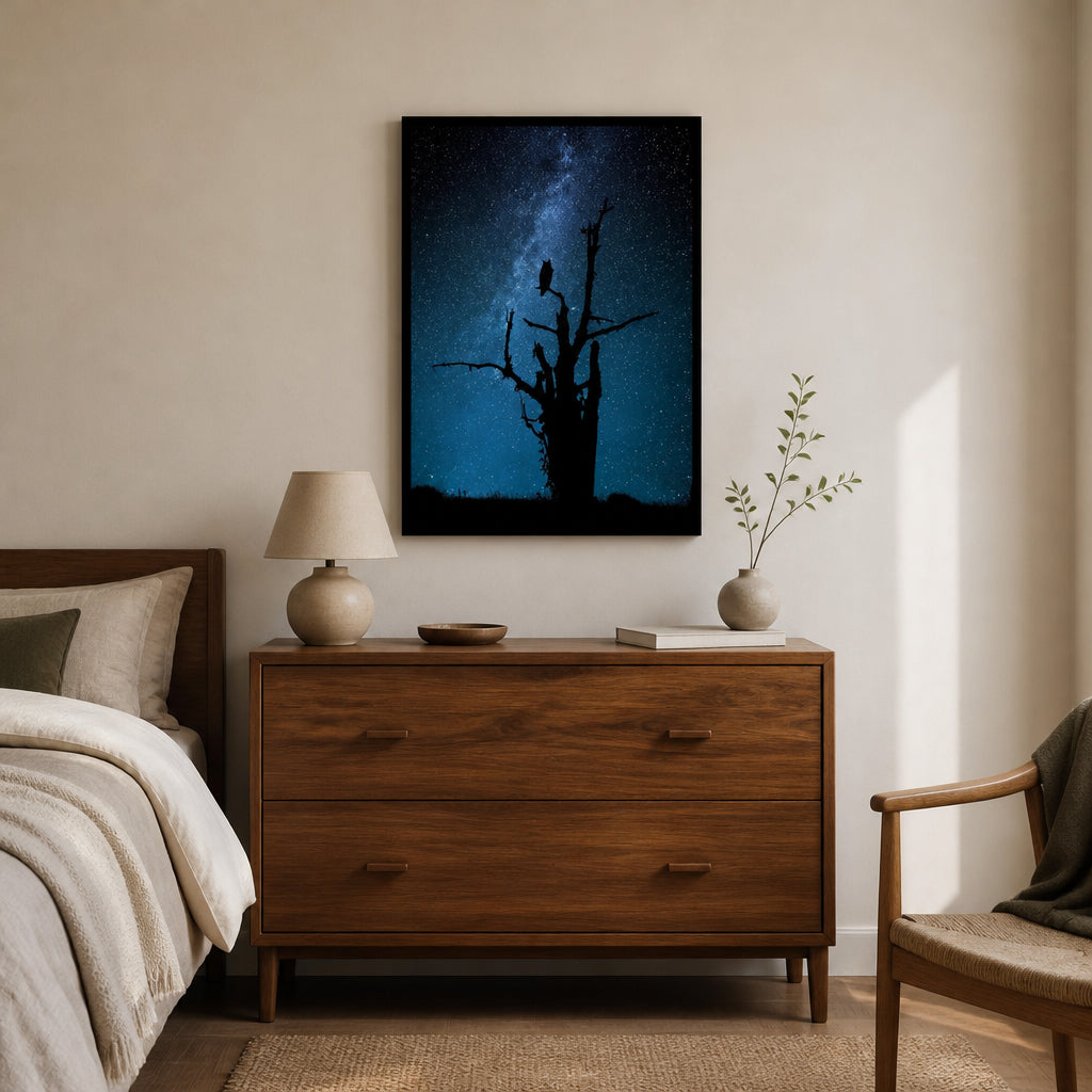 Room mockup featuring Owl Starry Night Sentinel Photo Print