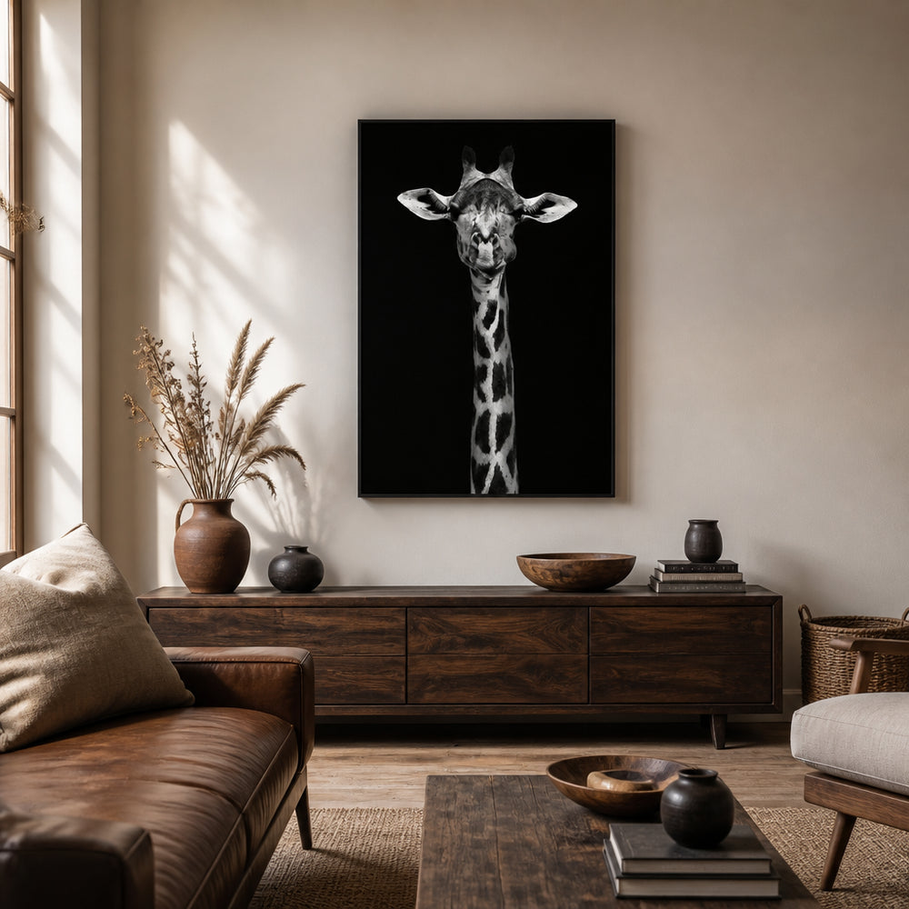 Room mockup featuring Majestic Giraffe Ebony Portrait Photo Print