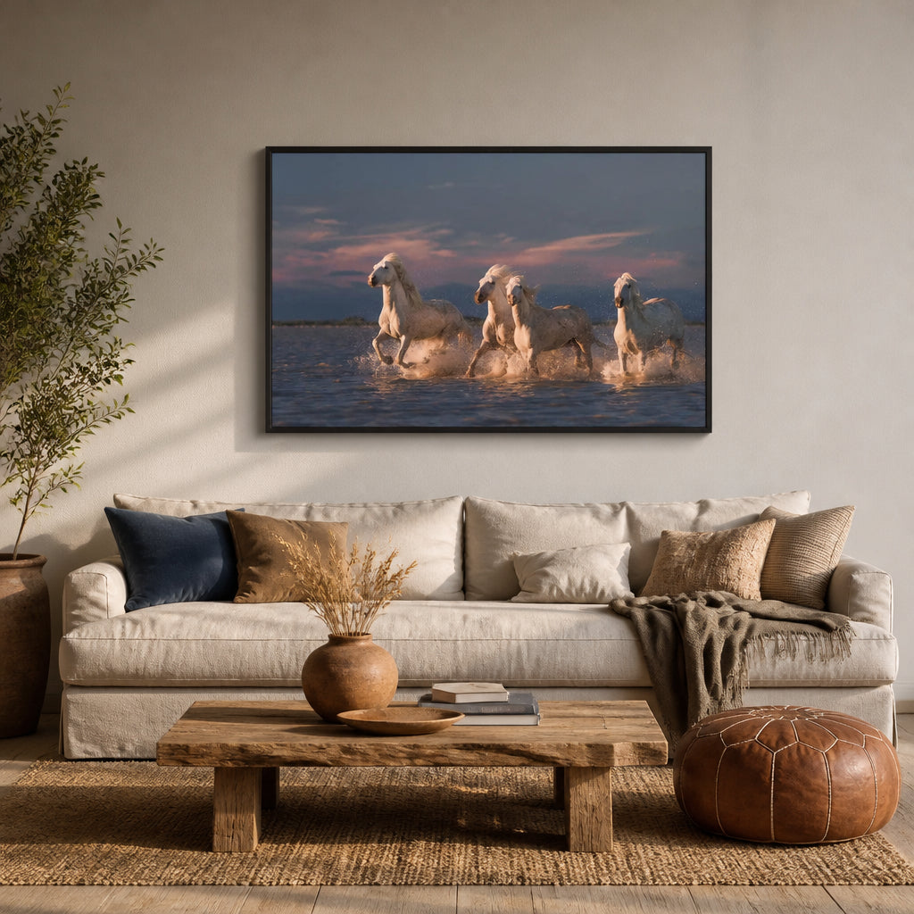 Room mockup featuring Horses of Camargue Twilight Photo Print